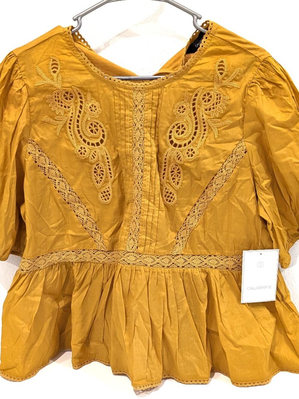 Calligraphie NWT Mustard Yellow Embroidered Lace Boho Peplum Blouse Top Size L